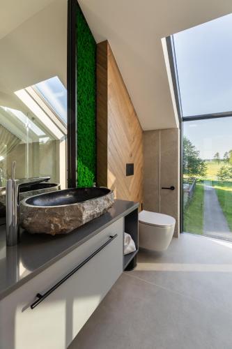 a bathroom with a large stone sink and a toilet at Siedlisko Dańce 91 in Hanna