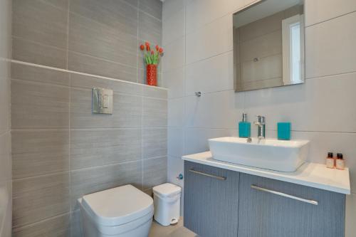 a bathroom with a sink and a toilet at Majestic Sunset Salt Lake Views 300m From Beach in Larnaka