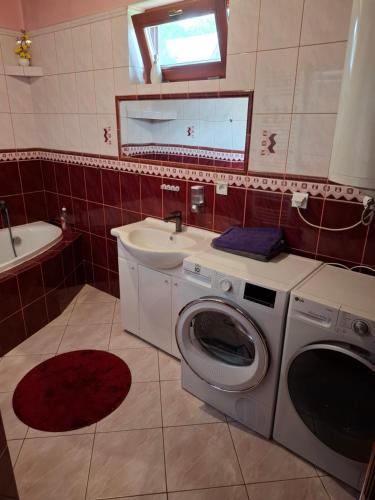 a bathroom with a washing machine and a sink at Chalupa u Záhradníkov in Trebostovo