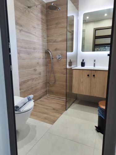 a bathroom with a shower and a toilet and a sink at seaandolive in Ammouliani