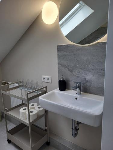 ein Badezimmer mit Waschbecken und Spiegel in der Unterkunft Fredi Apartment, moderne ruhige Wohnung, nur 4 km von der A2 in Leopoldshöhe