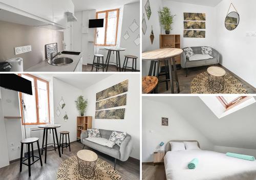 un collage de photos d'une cuisine et d'un salon dans l'établissement T2 au cœur de la vieille ville historique, à Montluçon