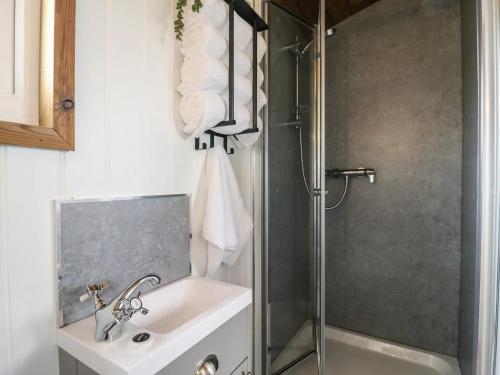 un bagno con lavandino e doccia di Luxury Shepherd Hut with Private Hot Tub a Swaffham Bulbeck
