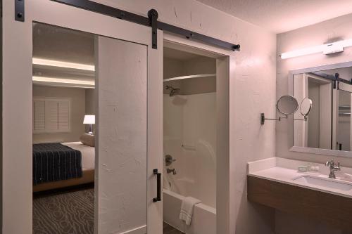 a bathroom with a shower and a sink and a mirror at Fredericksburg Inn and Suites in Fredericksburg