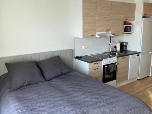 a small bedroom with a bed and a kitchen at Studio apartment in Kuusamo in Kuusamo