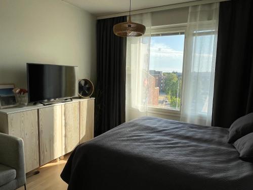 a bedroom with a bed and a tv and a window at Studio apartment in Kuusamo in Kuusamo