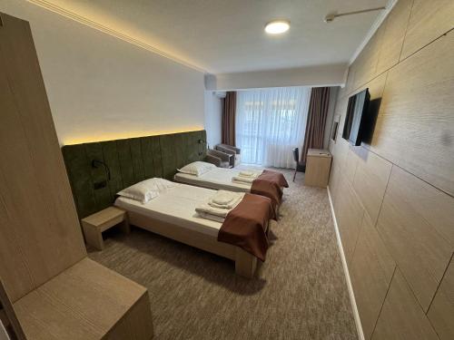 a hotel room with two beds and a television at Hotel Gala in Cluj-Napoca