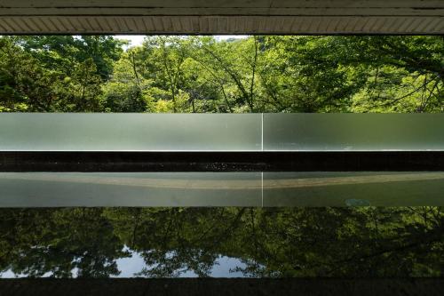 a reflection of trees in a pool of water at 小樽旅亭 蔵群 in Otaru