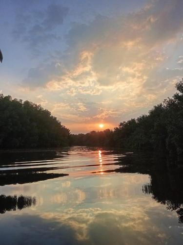 a sunset on a river with the sun reflecting in the water at El Puente in El Paredón Buena Vista