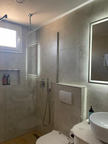 a bathroom with a shower and a toilet and a sink at Milos Apartments in Himare