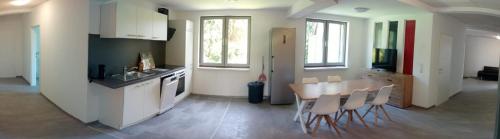a kitchen with a table and chairs in a room at Monteurwohnung Monti 2 in Saarbrücken