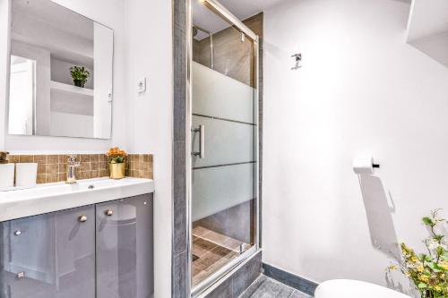 een badkamer met douche en wastafel bij Suite Vue Tour Eiffel in Parijs