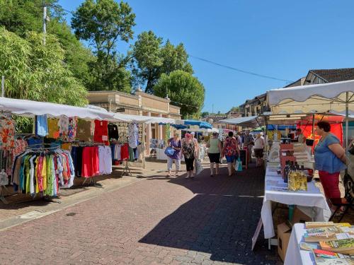 a group of people walking through an outdoor market at Studio rénové 2 pers à Barbotan, proche du Lac de l'Uby ! - FR-1-841-18 in Barbotan-les-Thermes