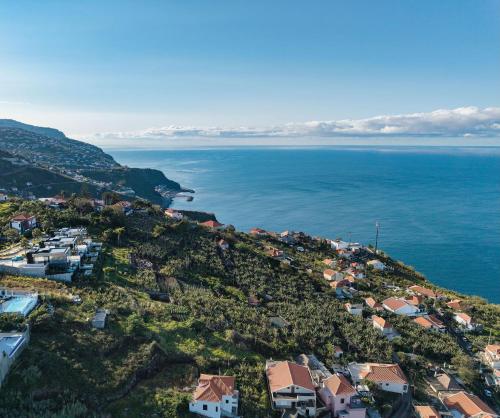 an aerial view of a small town on a hill near the water at Saudade Residence - Ultra Luxury Futuristic Ocean Zen Retreat in Ribeira Brava