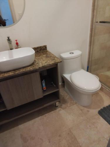 a bathroom with a toilet and a sink and a shower at departamento en riviera veracruzana in Conchal