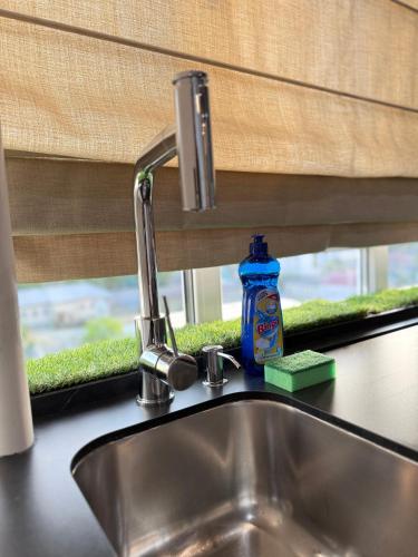 a sink with a bottle of soap next to a window at Nice Apartment in the Center, with Balcony in Crăsnăşeni