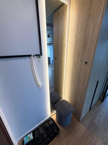 a room with a stove and a mirror on the wall at Nice Apartment in the Center, with Balcony in Crăsnăşeni