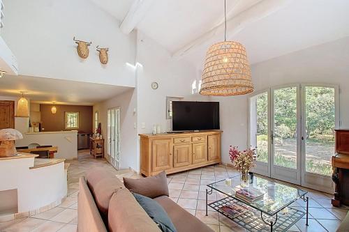 een woonkamer met een bank en een tv bij La maison Calavoun in Maubec