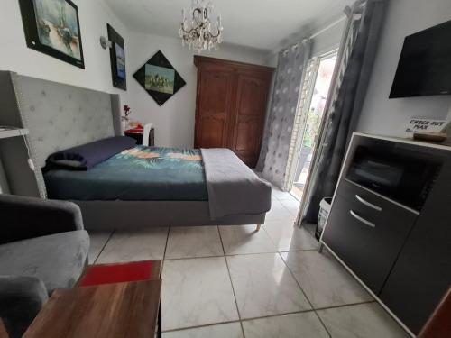 a bedroom with a bed and a tv and a couch at MONTPELLIER SUD-GIUSEPPINA suite junior 2 pers-Piscine privé aéroport Arena 2mn mer in Pérols