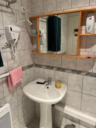 une salle de bain avec un lavabo et un miroir dans l'établissement Chambre à l'étage pour adultes, à Combaillaux