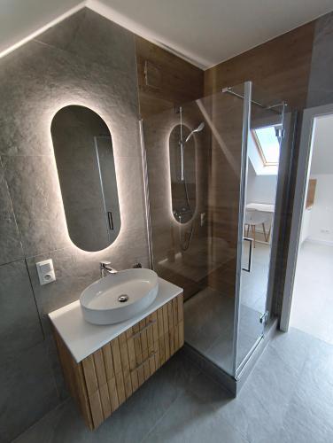 a bathroom with a sink and a shower at Apartament panorama in Ściegny