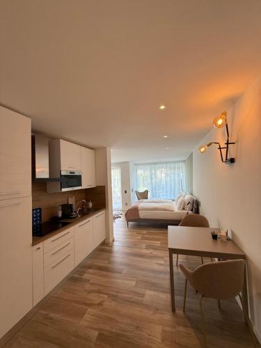 a kitchen and living room with a bed and a table at LA VILLA - by Hotel Remorino in Locarno
