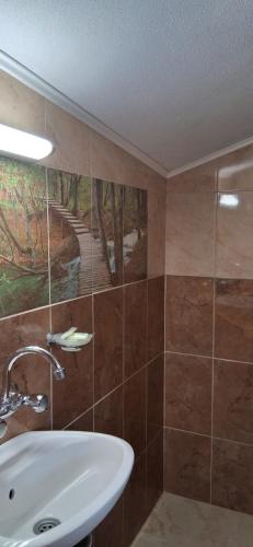 a bathroom with a sink and a shower at Стаи за гости Дончо Войвода in Koprivshtitsa