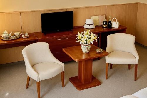 a room with two chairs and a table with a television at Plaza Hotel Gyula in Gyula