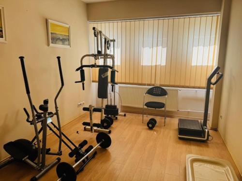 a gym with several exercise equipment in a room at Plaza Hotel Gyula in Gyula