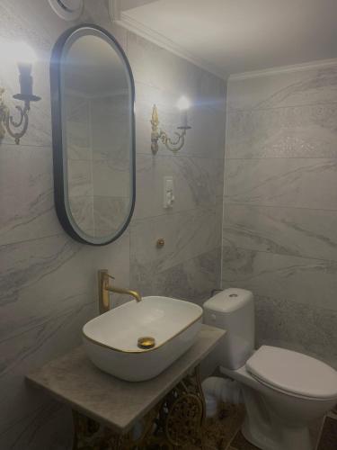 a bathroom with a sink and a toilet and a mirror at Domki na Wyspie in Gdańsk