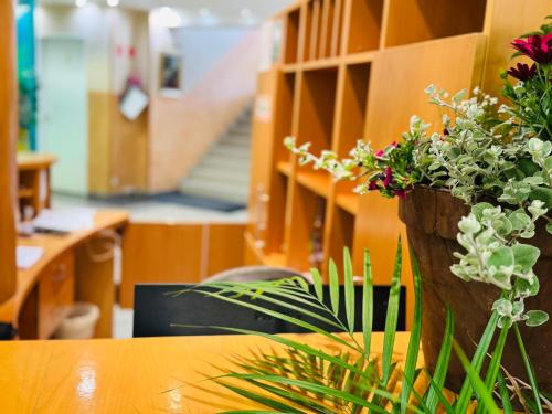 a table with flowers on it in an office at Plaza Hotel Gyula in Gyula