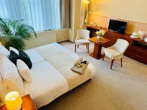 a hotel room with a large bed and a television at Plaza Hotel Gyula in Gyula