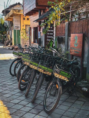 a row of bikes parked next to a building at Kalamoana House in Gili Trawangan