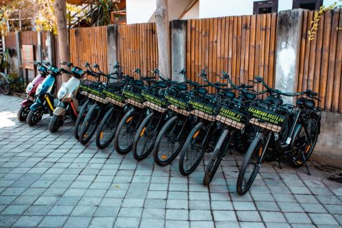 a row of bikes parked next to a fence at Kalamoana House in Gili Trawangan