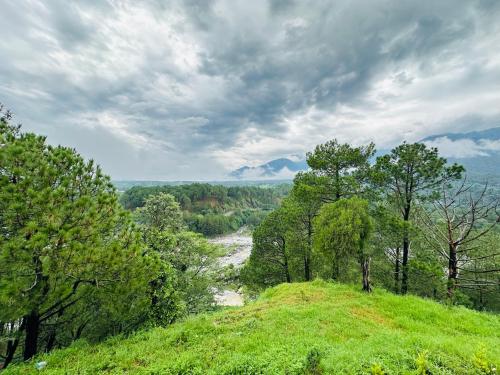 a view of a river on a hill with trees at The Ananta Palampur in Pālampur