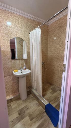 a bathroom with a shower and a sink at Hotel Meidani in Borjomi