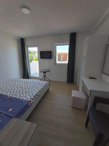a bedroom with a bed and a television in it at The Brothers Villa in Ohrid