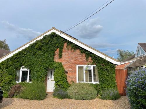 a brick house covered in ivy with a white door at Ferncroft Garden Studio in Histon