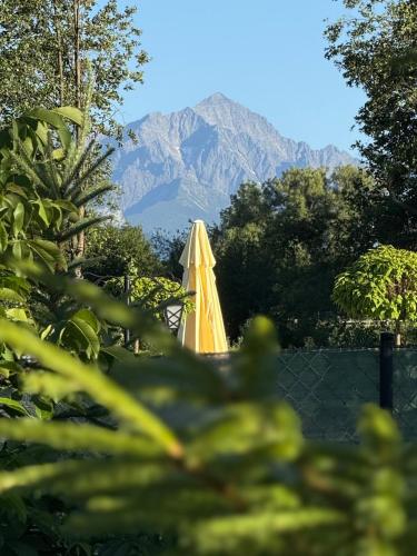 a yellow umbrella with a mountain in the background at Domki w Białce pod Basenami, 50 m od term i wyciągów in Białka Tatrzanska
