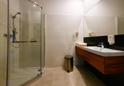 a bathroom with a sink and a glass shower at Green Garden Hotel in Raszyn