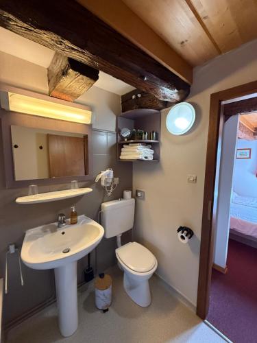 a bathroom with a sink and a toilet and a bed at GC Frankstein in Dambach-la-Ville