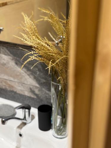 a vase with a plant in it sitting on a sink at Domki w Białce pod Basenami, 50 m od term i wyciągów in Białka Tatrzanska