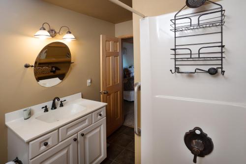 a bathroom with a sink and a mirror at Get-away Cabin Hot Tub Sunsetmtn Views,asheville in Swiss