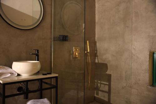 a bathroom with a shower with a sink and a mirror at Greco Boutique Hotel in Shkodër