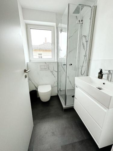 a bathroom with a shower and a toilet and a sink at Sali Homes - Wahnfried No 6 in Bayreuth