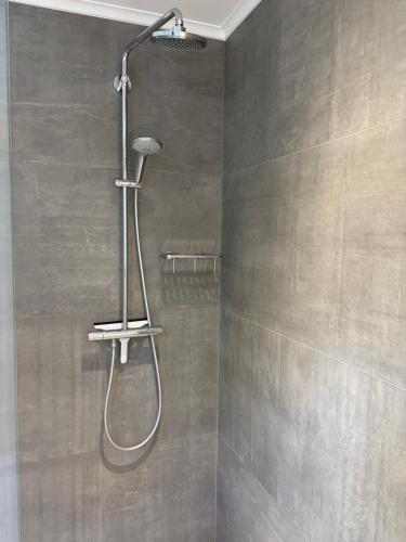 a shower with a shower head in a bathroom at Zum Schwedenblick in Zingst