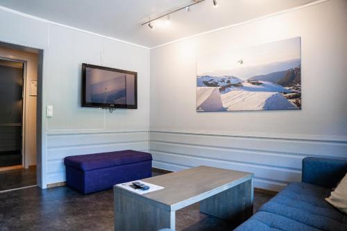 a room with a couch and a table and a tv at Hemsedal Cafe Skiers Lodge in Hemsedal