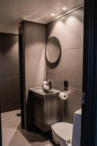 a bathroom with a sink and a toilet and a mirror at Hemsedal Cafe Skiers Lodge in Hemsedal
