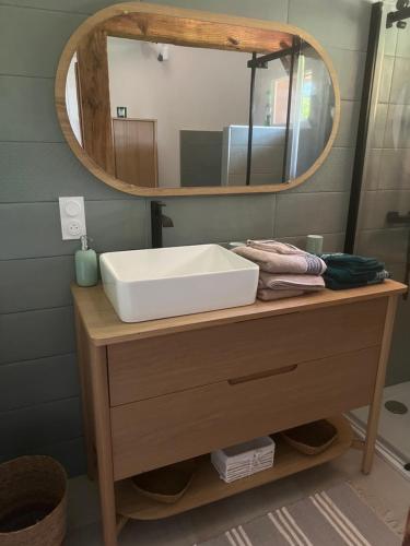 une salle de bain avec un lavabo et un miroir dans l'établissement Location airial Landais, à Mimizan