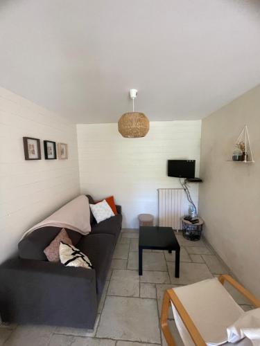 a living room with a couch and a table at Gîte à la campagne in Le Mesnil-Villeman
